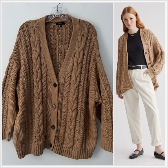 Quince Sweaters - Quince 100% Organic Cotton Oversized Cable Cardigan Sweater Fisherman Camel XL